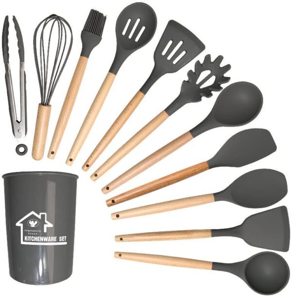 Silicone Cooking Utensils Kitchen Utensil Set, 12 PCS Wooden Handle Nontoxic BPA Free Silicone Spoon Spatula Turner Tongs Kitchen Gadgets Utensil Set for Nonstick Cookware with Holder - Image 8