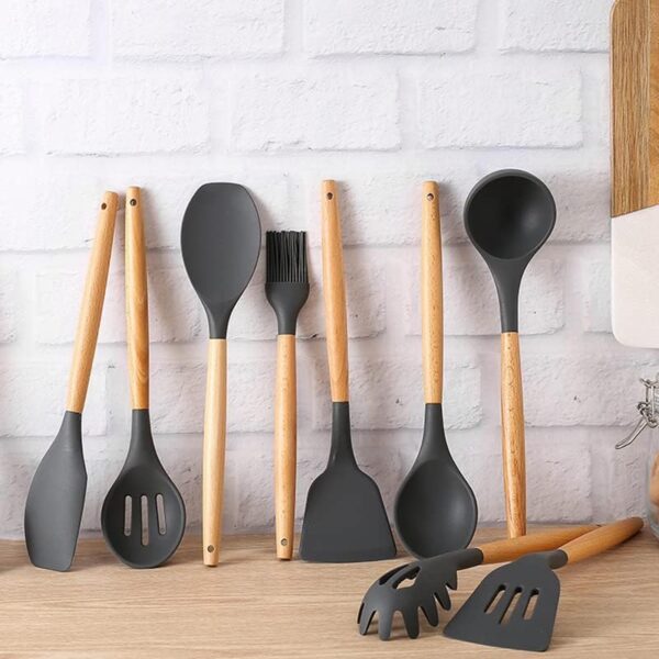 Silicone Cooking Utensils Kitchen Utensil Set, 12 PCS Wooden Handle Nontoxic BPA Free Silicone Spoon Spatula Turner Tongs Kitchen Gadgets Utensil Set for Nonstick Cookware with Holder - Image 3