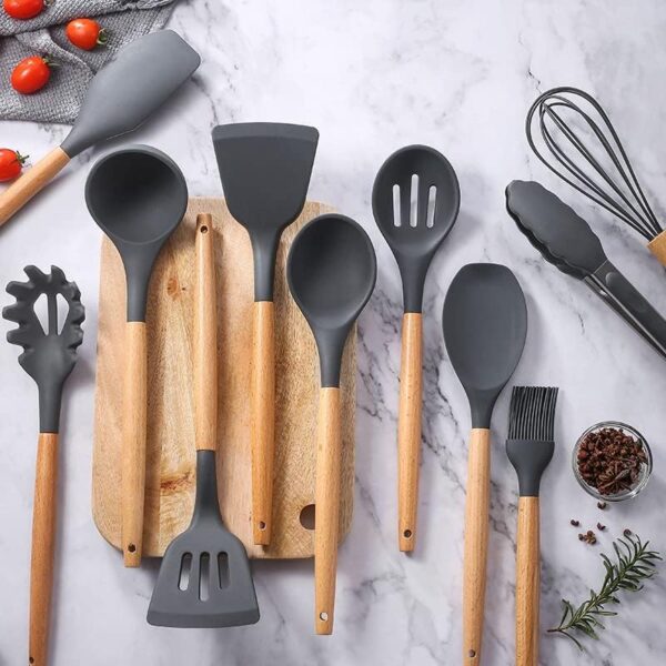 Silicone Cooking Utensils Kitchen Utensil Set, 12 PCS Wooden Handle Nontoxic BPA Free Silicone Spoon Spatula Turner Tongs Kitchen Gadgets Utensil Set for Nonstick Cookware with Holder - Image 5