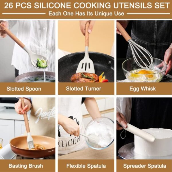 Kitchen Utensils Set, 26 Pcs Non-Stick Silicone Cooking Utensils Spatula Set with Holder, Sturdy Wooden Handle, Heat Resistance Silicone Kitchen Gadgets Utensils Set, White - Image 3