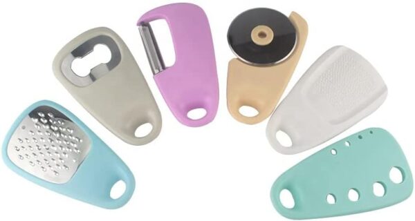 Unique Kitchen Gadget, 6 Piece Set, Space Saving, Camper must haves, RV Accessoeries, Cheese Grater, Bottle Opener, Fruit/Vegetable Peeler, Pizza Cutter, Garlic/Ginger Grinder,Herb Stripper