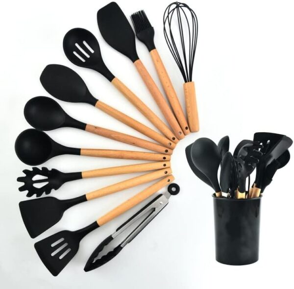 Silicone Kitchen Cooking Utensil Set, 12-Piece Silicone Utensil Set for Cooking with Wooden Handle, Spatula, Spoon, Tongs, Heat Resistant Kitchen Gadgets Tools Set for Nonstick Cookware-Black - Image 2