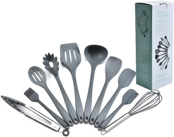 10 pcs Silicone Cooking Utensils Set - 480°F Heat Resistant Kitchen Utensils,Spoon,Kitchen Utensil Gadgets Tools Set for Nonstick Cookware,Dishwasher Safe (Grey) - Image 2