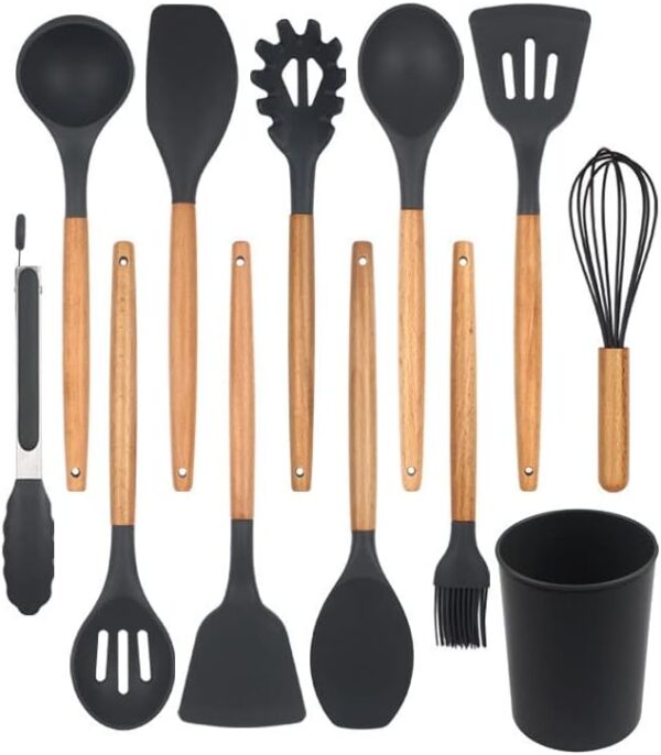 Silicone Kitchen Cooking Utensil Set, 12-Piece Silicone Utensil Set for Cooking with Wooden Handle, Spatula, Spoon, Tongs, Heat Resistant Kitchen Gadgets Tools Set for Nonstick Cookware-Black