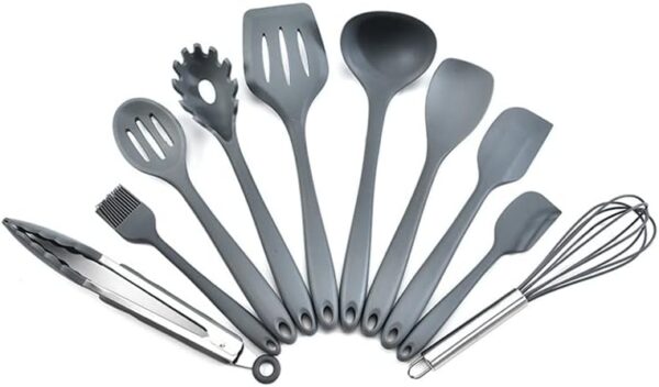 10 pcs Silicone Cooking Utensils Set - 480°F Heat Resistant Kitchen Utensils,Spoon,Kitchen Utensil Gadgets Tools Set for Nonstick Cookware,Dishwasher Safe (Grey)