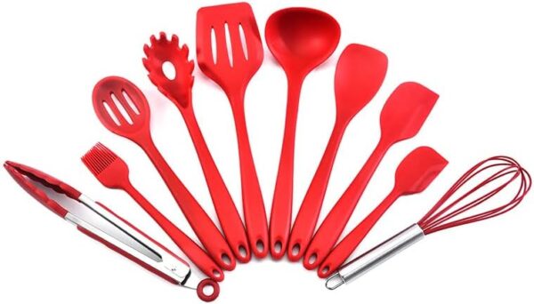 10 pcs Silicone Cooking Utensils Set - 480°F Heat Resistant Kitchen Utensils,Spoon,Kitchen Utensil Gadgets Tools Set for Nonstick Cookware,Dishwasher Safe (Red)