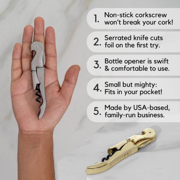 A Bar Above Wine Opener – Non-Stick Coated Screw Extractor for Wine Bottles w/Beer Bottle Opener Tool – Easy-to-Use Manual Wine Key – Beer & Wine Accessories (Gold, Single) - Image 2