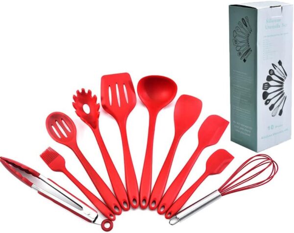 10 pcs Silicone Cooking Utensils Set - 480°F Heat Resistant Kitchen Utensils,Spoon,Kitchen Utensil Gadgets Tools Set for Nonstick Cookware,Dishwasher Safe (Red) - Image 2