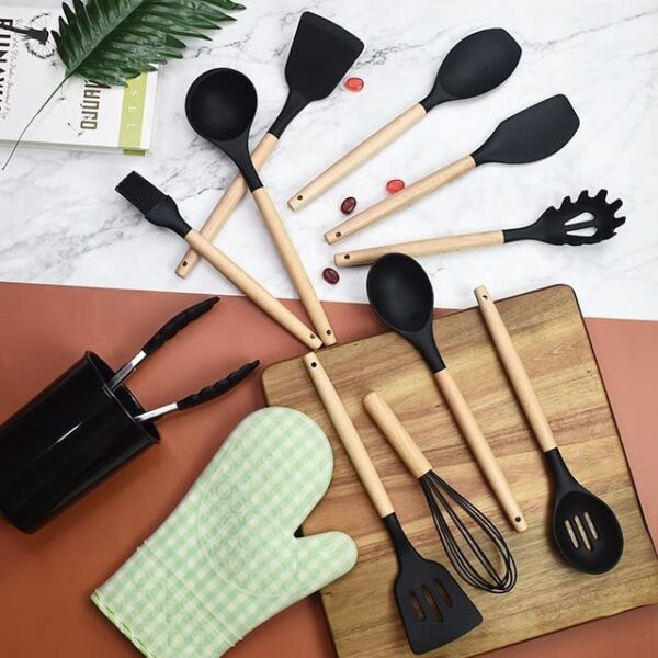 NORDICOS Kitchen Utensils Set - 12 Silicone Cooking Utensils for Non-stick Cookware. BPA Free, Silicone Spatula Wooden Spoons Set Tongs. Best Chef Kitchen Gadgets Tool Set Gifts (Black) - Image 2