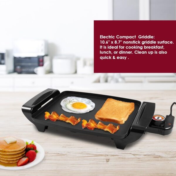 Elite Gourmet EGR2722A Electric 10.5" x 8.5" Griddle, Cool-touch Handles Non-Stick Surface, Removable/Adjustable Thermostat, Skid Free-Rubber Feet, Black - Image 5