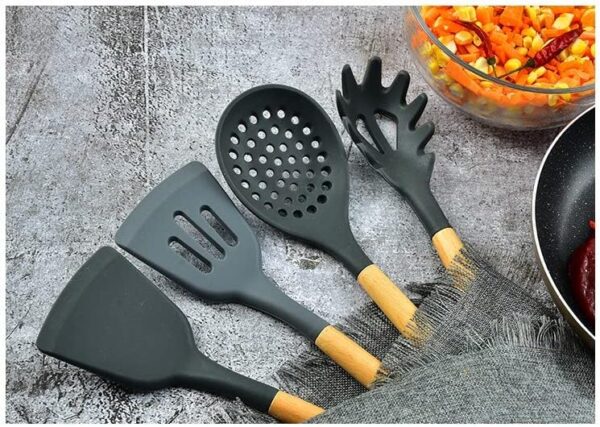 Silicone Kitchen Cooking Utensil Set, 12-Piece Silicone Utensil Set for Cooking with Wooden Handle, Spatula, Spoon, Tongs, Heat Resistant Kitchen Gadgets Tools Set for Nonstick Cookware-Black - Image 8