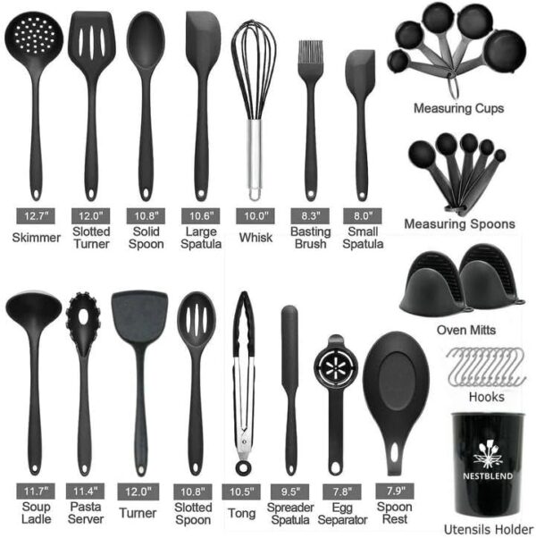 NestBlend Nonstick Black Kitchen Utensils Set - 38 Pieces Kitchen Utensil Set - Kitchen Gadgets Cookware Set - Cooking Utensils Silicone Kitchen Set - Utensils Set with Holder Heat Resistant - Image 8