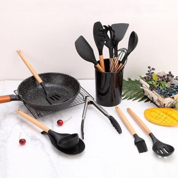 Silicone Kitchen Cooking Utensil Set, 12-Piece Silicone Utensil Set for Cooking with Wooden Handle, Spatula, Spoon, Tongs, Heat Resistant Kitchen Gadgets Tools Set for Nonstick Cookware-Black - Image 7