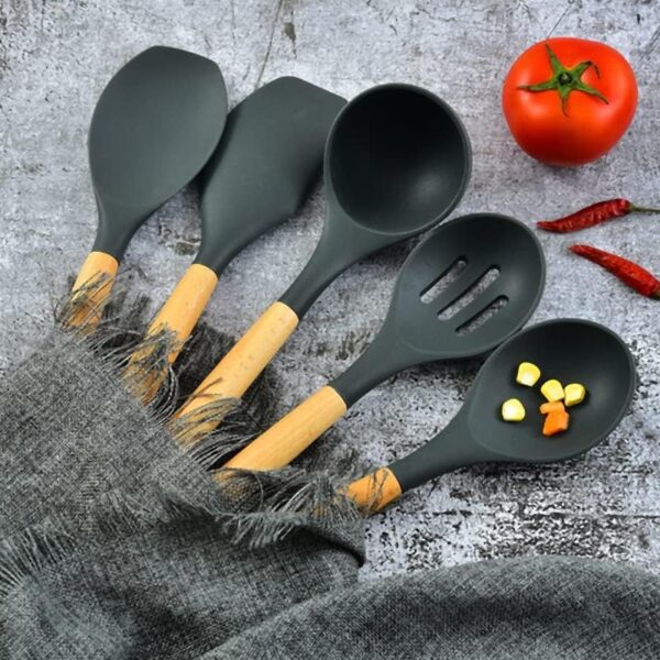 Silicone Kitchen Cooking Utensil Set, 12-Piece Silicone Utensil Set for Cooking with Wooden Handle, Spatula, Spoon, Tongs, Heat Resistant Kitchen Gadgets Tools Set for Nonstick Cookware-Black - Image 6