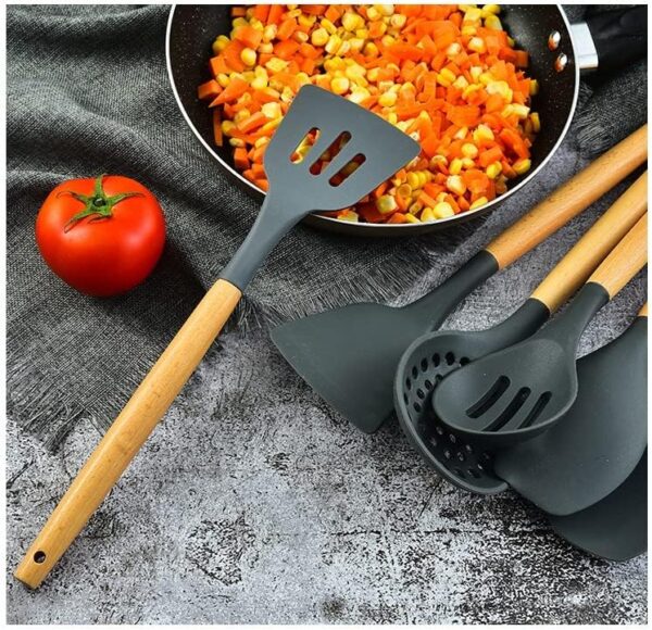 Silicone Kitchen Cooking Utensil Set, 12-Piece Silicone Utensil Set for Cooking with Wooden Handle, Spatula, Spoon, Tongs, Heat Resistant Kitchen Gadgets Tools Set for Nonstick Cookware-Black - Image 4