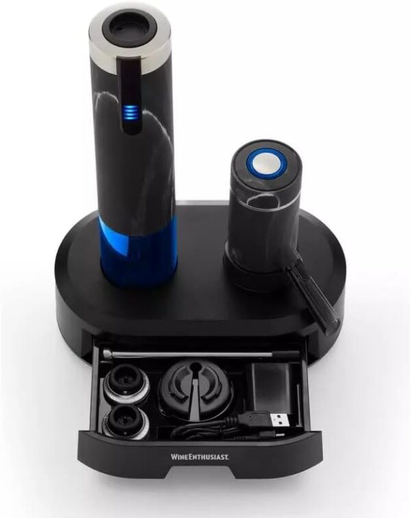 Wine Enthusiast Electric Blue Omega All-In-One Automatic Wine Opener & Preserver Set - Fully Electric Corkscrew w/Charging Station & Accessories- Aerate Wines & Seal Bottles, 7 Piece Set Black Marble - Image 3