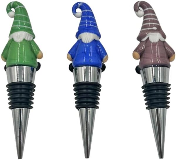 Gnome Wine Bottle Stoppers Set of 3 - Reusable Universal Bottle Stopper Silicone Saver Handmade Glass Unique Gifts Holiday Bar Wedding - Three Colors! - Image 2