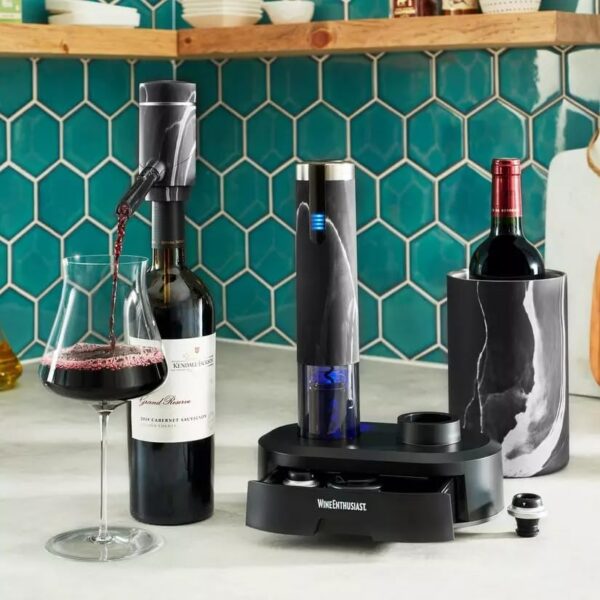 Wine Enthusiast Electric Blue Omega All-In-One Automatic Wine Opener & Preserver Set - Fully Electric Corkscrew w/Charging Station & Accessories- Aerate Wines & Seal Bottles, 7 Piece Set Black Marble - Image 9