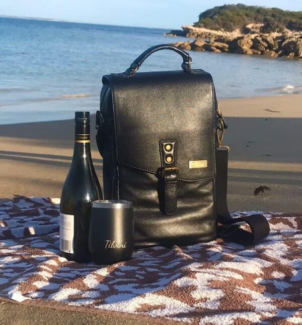 tilvini Leather Wine Tote Bag & Wine Tumblers Set. Wine Gifts For Men Birthday. Leather Wine Bottle Carrier. Unique Insulated Cooler Bag Carrier. Wine Bags For Travel Beach. Wine Lovers Picnic Idea - Image 9