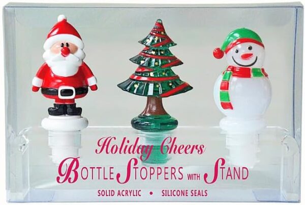 Prodyne Set of 3 Christmas Holiday Acrylic Bottle Stoppers with Stand, Santa Claus, Christmas Tree, Snowman - Image 2