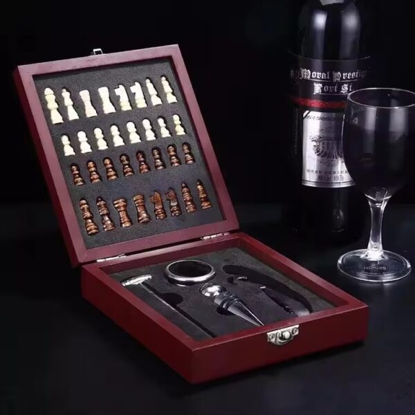 Wine Bottle Opener Tool Set – Chess Board Game – Wooden Box Wine Set – Luxury Wine Accessory Set – Stylish Gift Box – Gift – Gift Idea – Gift for Man – Gift for Friend – Birthday Gift, Brown - Image 4