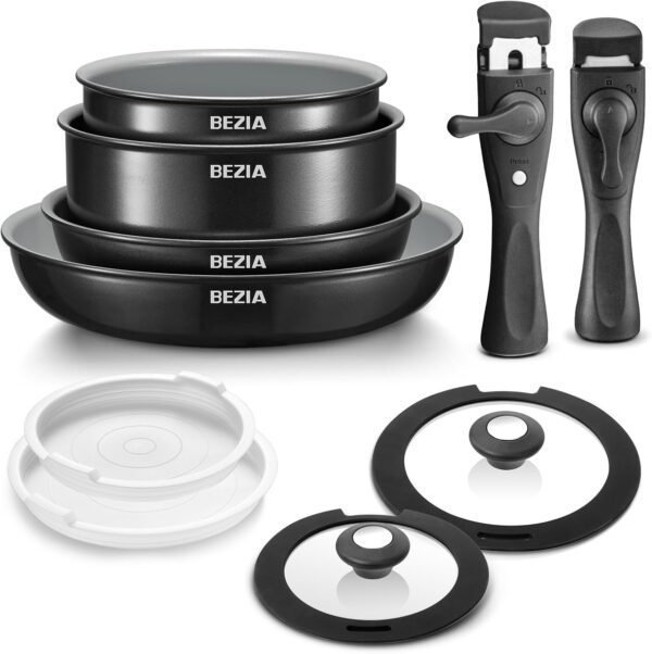 BEZIA Induction Cookware with Healthy Ceramic Coating, Nonstick Pots and Pans Set 10pcs with Detachable Handles, Induction RV Kitchen Set with Removable Handles, Oven Safe