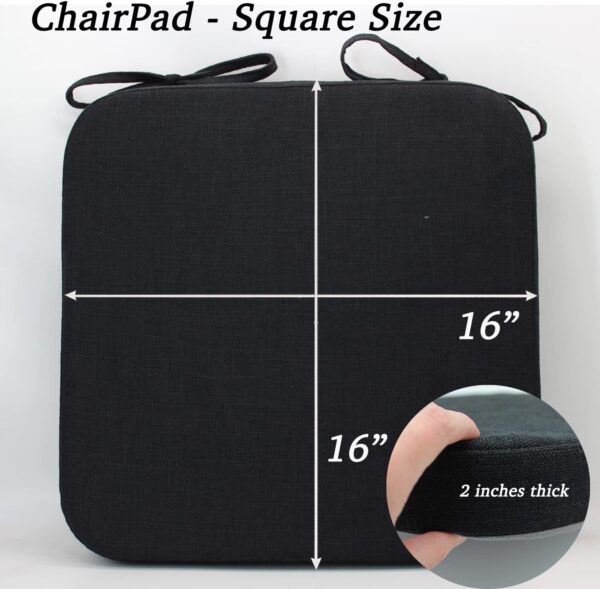 2'' Memory Foam Thick Chair Cushions for Dining Chair,Square Non-Slip Seat Pads Removable, Machine Washable Cover and Ties,Indoor Dining Room and Kitchen Chairs 16'' x 16'' Black - Image 3