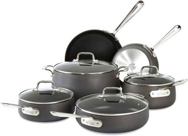 All-Clad HA1 Hard Anodized Nonstick Cookware Set 10 Piece Induction Oven Broiler Safe 500F, Lid Safe 350F Pots and Pans Black