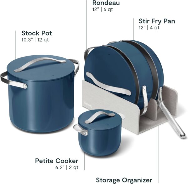 Caraway Cookware+ Collection - Specialty Cookware Set - Petite Cooker, Stir Fry Pan, Rondeau, & Stock Pot - 3 Lids & Storage Organizer Included - Navy - Image 3