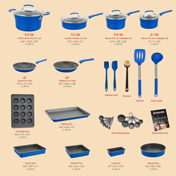 Cookware Set – 23 Piece –Blue Multi-Sized Cooking Pots with Lids, Skillet Fry Pans and Bakeware – Reinforced Pressed Aluminum Metal - Suitable for Gas, Electric, Ceramic and Induction by BAKKEN Swiss - Image 6