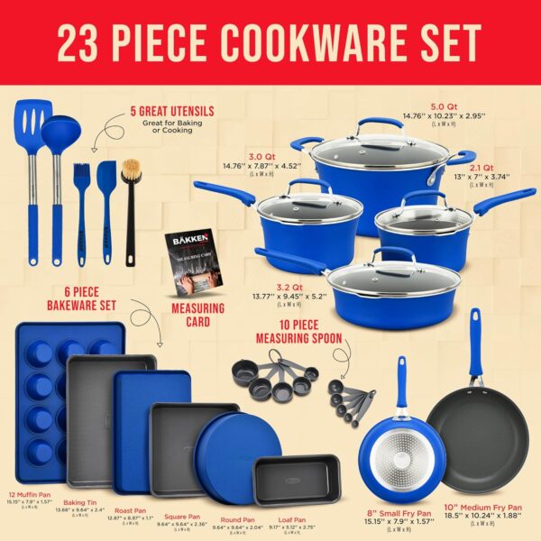 Cookware Set – 23 Piece –Blue Multi-Sized Cooking Pots with Lids, Skillet Fry Pans and Bakeware – Reinforced Pressed Aluminum Metal - Suitable for Gas, Electric, Ceramic and Induction by BAKKEN Swiss - Image 2