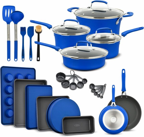 Cookware Set – 23 Piece –Blue Multi-Sized Cooking Pots with Lids, Skillet Fry Pans and Bakeware – Reinforced Pressed Aluminum Metal - Suitable for Gas, Electric, Ceramic and Induction by BAKKEN Swiss