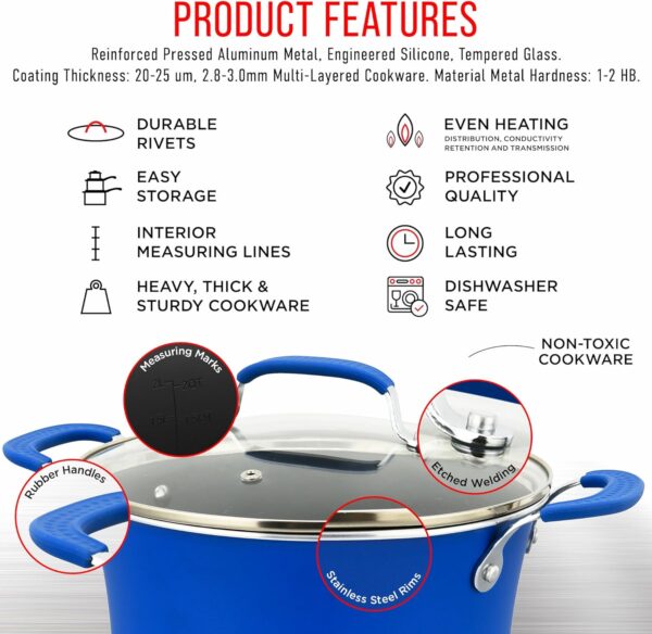 Cookware Set – 23 Piece –Blue Multi-Sized Cooking Pots with Lids, Skillet Fry Pans and Bakeware – Reinforced Pressed Aluminum Metal - Suitable for Gas, Electric, Ceramic and Induction by BAKKEN Swiss - Image 4