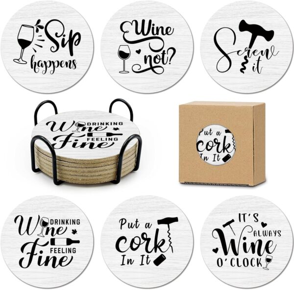 Funny Sayings Cork Coasters for Drinks Absorbents with Holder 6 Pcs Gift Set,Wine Lovers Gifts,Unique Present for Housewarming,Living Room Decor,Kitchen Decor Accessories.