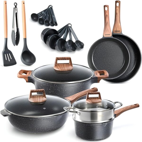 Bakken-Swiss 14-Piece Kitchen Cookware Set – Granite Non-Stick – Eco-Friendly – for All Stoves & Oven-Safe - Marble coatin